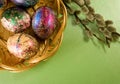 pussy-willow and easter eggs on a table closeup Royalty Free Stock Photo