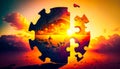 An image of puzzle piece with the sun in the background. Generative AI Royalty Free Stock Photo