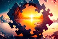 An image of puzzle piece with the sun in the background. Generative AI Royalty Free Stock Photo