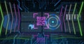 Image of qr code and computer circuit board over data processing on black background Royalty Free Stock Photo