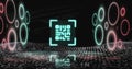 Image of qr code with illuminated circle with numbers, wave pattern, programming language