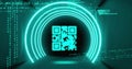 Image of qr code in illuminated circular tunnel over programming language Royalty Free Stock Photo