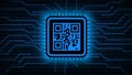 Image of QR code in the middle on abstract background of blurred binary code behind information connecting lines