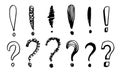 Image of question mark and exlamation mark icon in doodle style on white background