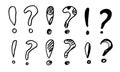 Image of question mark and exlamation mark icon in doodle style on white background Royalty Free Stock Photo