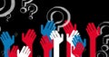 Image of question marks over hands on black background Royalty Free Stock Photo