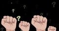 Image of question marks over raising fists on black background Royalty Free Stock Photo