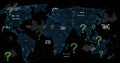Image of question marks over world map and icons on black background Royalty Free Stock Photo