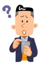 Questioning expression of a young man operating a smartphone