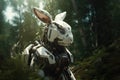 Image of rabbit electronic gundam robot technology in the forest. Wildlife Animals. Generative AI. Illustration