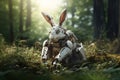 Image of rabbit electronic gundam robot technology in the forest. Wildlife Animals. Generative AI. Illustration