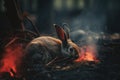 Image of rabbit exhausted in the midst of wildfires and smoke. Wildlife Animals. Illustration. Generative AI