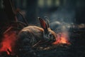 Image of rabbit exhausted in the midst of wildfires and smoke. Wildlife Animals. Illustration. Generative AI Royalty Free Stock Photo
