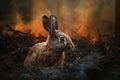 Image of rabbit exhausted in the midst of wildfires and smoke. Wildlife Animals. Illustration. Generative AI Royalty Free Stock Photo