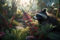 Image of raccoons in colorful tropical flower gardens. Wildlife Animals. Illustration. Generative AI