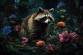 Image of raccoons in colorful tropical flower gardens. Wildlife Animals. Illustration. Generative AI