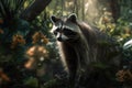 Image of raccoons in colorful tropical flower gardens. Wildlife Animals. Illustration. Generative AI