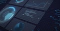 Image of radars, graphs, loading circles, circuit board pattern and computer language