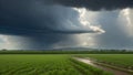 Image of rain-laden clouds arriving over a large soy plantation