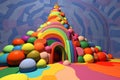 an image of a rainbow colored building with many colored balls