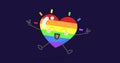 Image of rainbow coloured heart showing victory sign on purple background