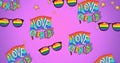 Image of rainbow glasses and love and pride text over pink background