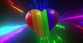 Image of rainbow heart spinning over multi coloured background Royalty Free Stock Photo
