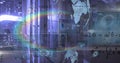 Image of rainbow lens flare, mathematical equations and data processing against computer server Royalty Free Stock Photo