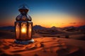 Image Ramadan Kareem background Arabic lantern in desert at sunset glow Royalty Free Stock Photo