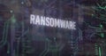Image of ransomware, computer language, circuit board pattern over data server room Royalty Free Stock Photo