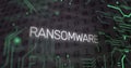 Image of ransomware text and binary coding data processing over computer motherboard Royalty Free Stock Photo