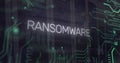 Image of ransomware text in circuit board pattern, binary codes over server room Royalty Free Stock Photo