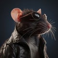 Image of a rat wore a leather jacket and wore sunglasses on clean background. Wildlife Animals. Illustration, Generative AI Royalty Free Stock Photo