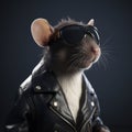 Image of a rat wore a leather jacket and wore sunglasses on clean background. Wildlife Animals. Illustration, Generative AI Royalty Free Stock Photo