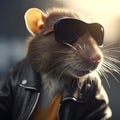 Image of a rat wore a leather jacket and wore sunglasses on clean background. Wildlife Animals. Illustration, Generative AI Royalty Free Stock Photo