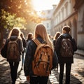 Image Rear view of a group of students walking with school backpacks