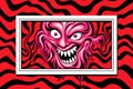 an image of a red and black striped background with a picture of a scary face in the center