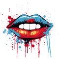 Image of a red and blue lips with splatter design,
