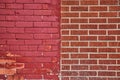 Red brick wall texture divided vertically by two types of brick