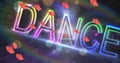 Image of red hearts over neon dance text and spots of light in background