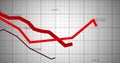 Image of red lines and financial data processing over grid Royalty Free Stock Photo