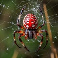 Image of red spider on a cobweb. Insect. Illustration, Generative AI Royalty Free Stock Photo