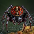 Image of red spider on a cobweb. Insect. Illustration, Generative AI Royalty Free Stock Photo