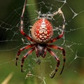Image of red spider on a cobweb. Insect. Illustration, Generative AI Royalty Free Stock Photo
