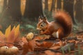 Image of a red squirrel eating walnuts in the forest. Wildlife Animals. Illustration. Generative AI