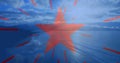 Image of red stripes and star, american flag elements over ocean and blue sky