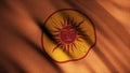 Image of red sun with face pierced by gold pole on background of developing bronze color of flag. Animation. Emblem of