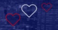 Image of red and white neon hearts flashing on defocussed city background Royalty Free Stock Photo