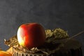 RED APPLE ON A DRY LEAF POSED ON A WOODEN KITCHEN BLOCK