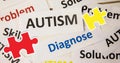 Image of red and yellow puzzle pieces falling over autism text on white background